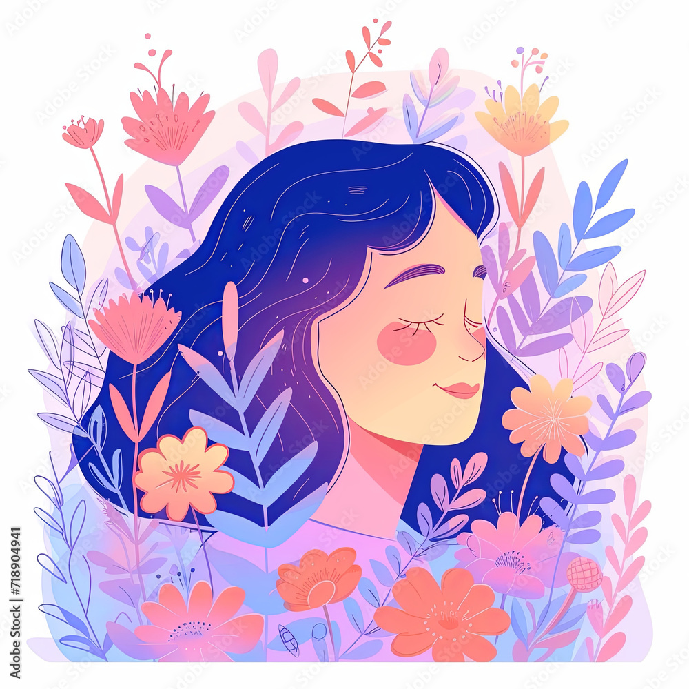 Flat illustration of a girl in love in flowers, dreaming of happiness