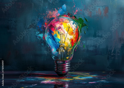 An eclectic mix of vibrant hues adorns a simple light bulb, embodying the essence of artistic expression and the beauty found in everyday objects