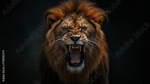 A fierce masai lion proudly displays its powerful fangs and thick fur as it roars in the wild, captivating all with its majestic presence © Radomir Jovanovic