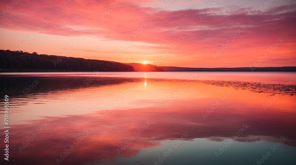 A lovely sunset over a tranquil lake, with vibrant hues of pink and orange reflecting off the water's surface.

