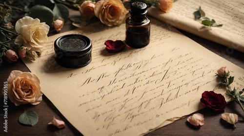 A vintage love letter, with elegant calligraphy and a wax seal, containing heartfelt words and a pressed flower.

 photo