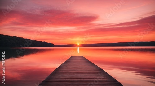 A lovely sunset over a tranquil lake, with vibrant hues of pink and orange reflecting off the water's surface.