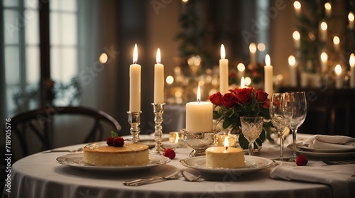 A candlelit dinner for two  with a table set with elegant dishes and a heart-shaped dessert as the centerpiece.  