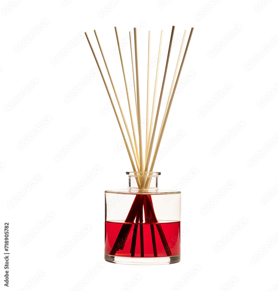 Obraz premium Purple REED DIFFUSER - Transparent Background PNG. Pen tool cutout. Aroma diffuser in a clear glass bottle. Glass bottle mockup. Commonly used in retail stores, hair salons