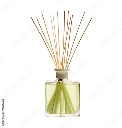 Purple REED DIFFUSER - Transparent Background PNG. Pen tool cutout. Aroma diffuser in a clear glass bottle. Glass bottle mockup. Commonly used in hotels, offices, restaurants and cafés