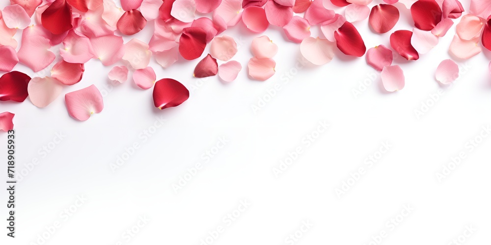 Romantic rose petals scattered on a white surface , Romantic rose petals, scattered, white surface