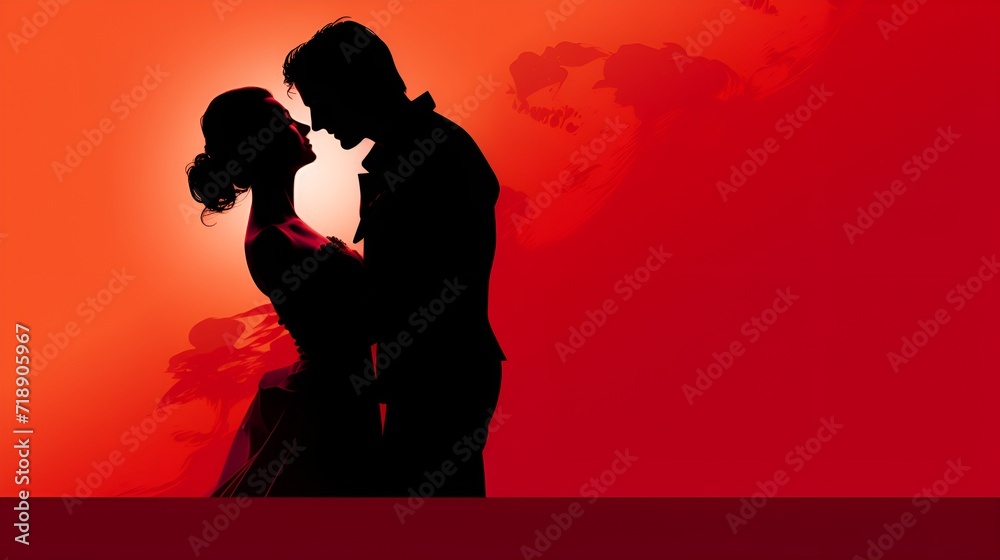 Romantic couple in a red background surrounded by roses , Romantic couple, red background, roses