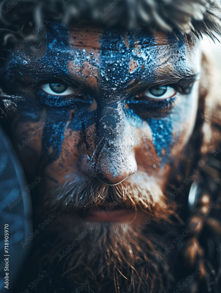 Gros plan sur le visage maquillé d'un viking 