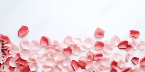Romantic rose petals scattered on a white surface , Romantic rose petals, scattered, white surface