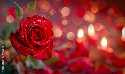 Rose close-up against blurry burning background candles for Valentine s Day. Romantic background  template  banner with space for text.