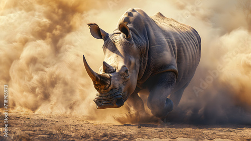 Running  rhinoceros in dust photo