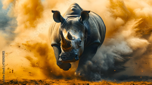Running  rhinoceros in dust