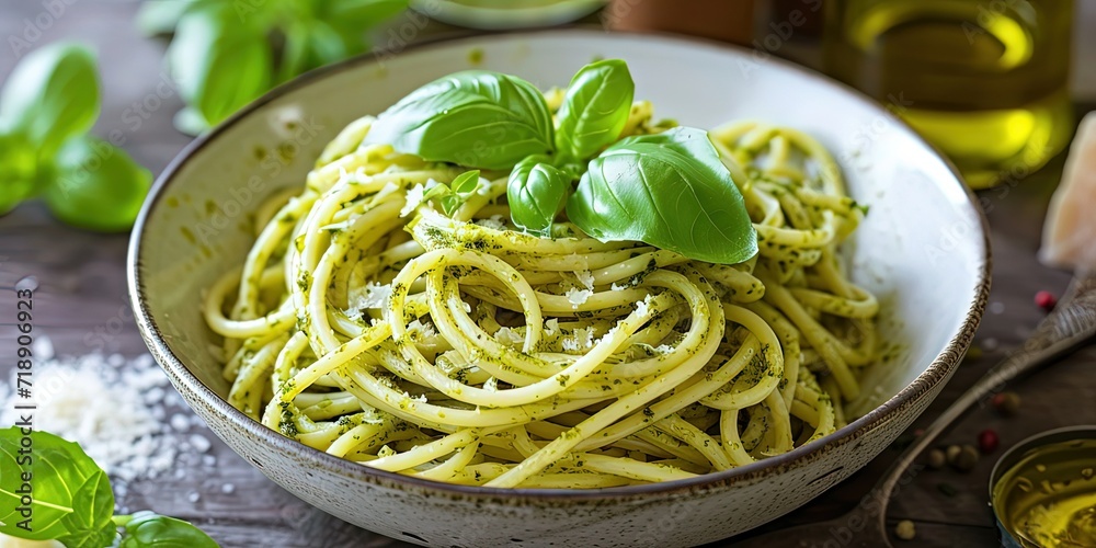 Pesto sauce, freshly prepared pasta with pesto sauce, parmesan and basil, Italian cuisine, background, wallpaper.