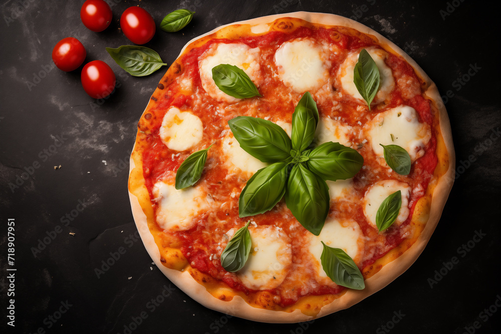 Top view of pizza Margherita on black stone background. Classic Italian Pizza Margarita with Tomato sauce, Basil, and Mozzarella Cheese background.