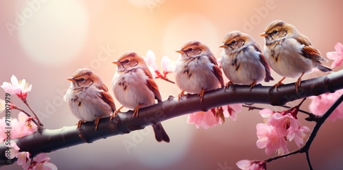 five birds sit on a branch next to a flowering tree