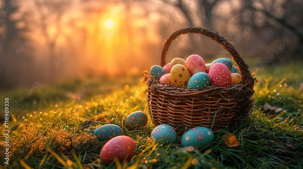 Easter Eggstravaganza: A Basket of Colorful Eggs in the Sunlight Generative AI