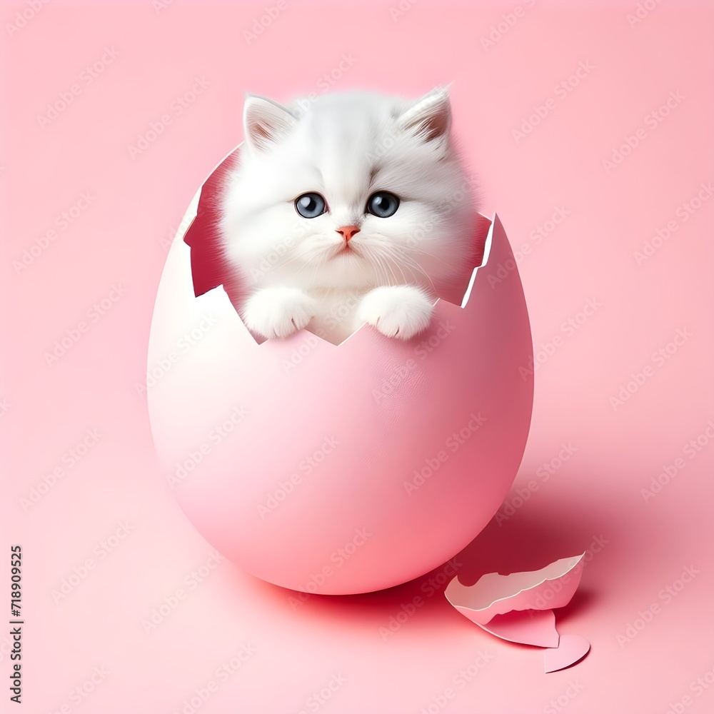 white cat hatching from pink Easter egg isolated on pastel pink background white cat hatching from pink Easter egg isolated on pastel pink background