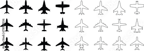 Plane icon set. Airplane black flat or line vector collection isolated on transparent background. Flight transport symbol. Travel ,flying sign military jet aircraft ,civil turbofan aviation planes.
