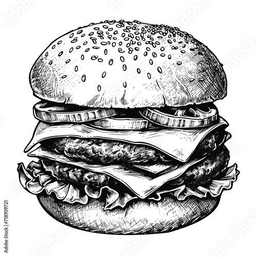 Vector illustration of big burger with cheese, beeg patty, onion and lettuce, hand drawn black and white illustration isolated on white background