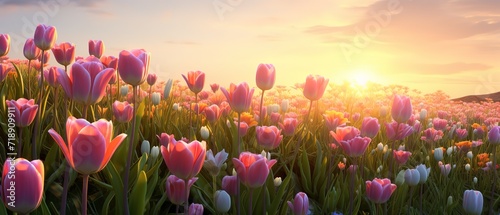 A beautiful stretch of Tulip flowers in bloom with a sunset view in the background. generative AI