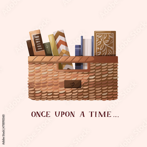 Card design with basket full of books. Bookstore, bookshop, book lover, reading, interior concept. Vector illustration for postcard, cover, poster.