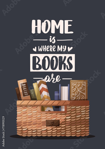 Card design with basket full of books. Bookstore, bookshop, book lover, reading, interior concept. Vector illustration for postcard, cover, poster.