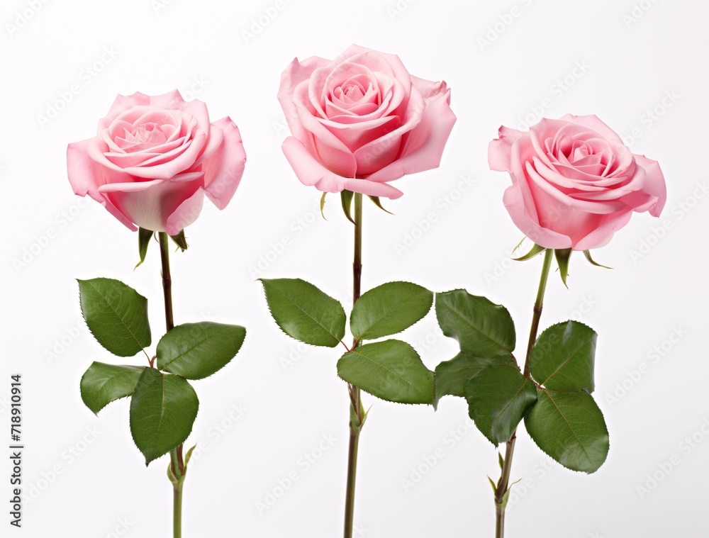 three roses with leaves on a white background three roses with leaves on a white background