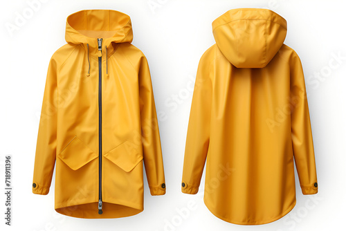 Classic fashionable Yellow raincoat or rain jacket, mockup on white background. Space for design, print and showcasing. Generate Ai photo