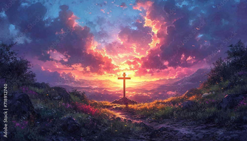 Sunset Crossing: A Pink Sunset with a Cross in the Field Generative AI Sunset Crossing: A Pink Sunset with a Cross in the Field Generative AI