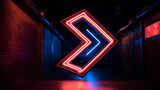 A huge neon sign in form of arrow pointing right in huge empty dark space