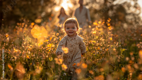 Süßes Kind auf der Wiese mit Gänzeblümchen, ai generativ photo