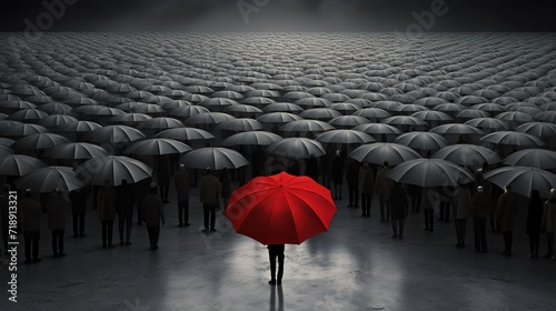 Illustration of a person carrying a red umbrella among a group of people carrying black umbrellas. generative AI photo
