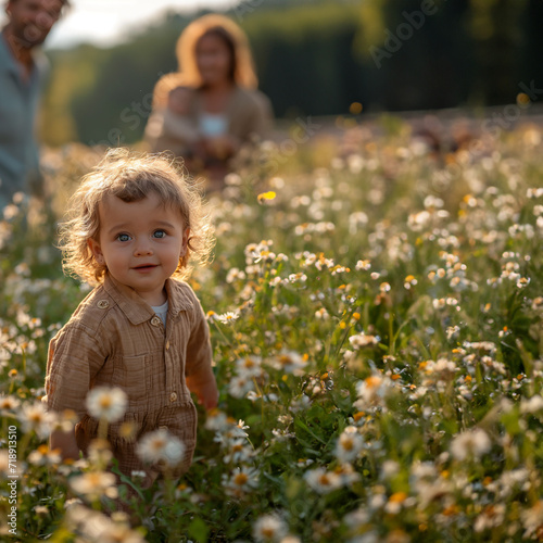 Süßes Kind auf der Wiese mit Gänzeblümchen, ai generativ