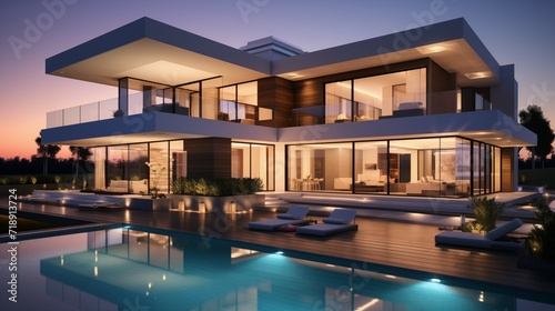 3D rendering of a modern house with a swimming pool at sunset. © PhornpimonNutiprapun