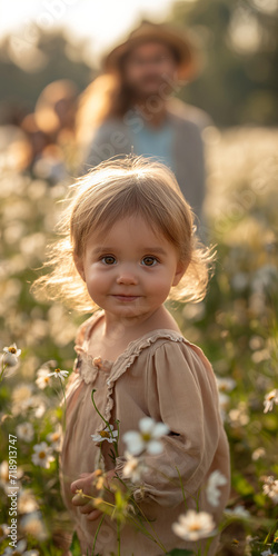 Süßes Kind auf der Wiese mit Gänzeblümchen, ai generativ