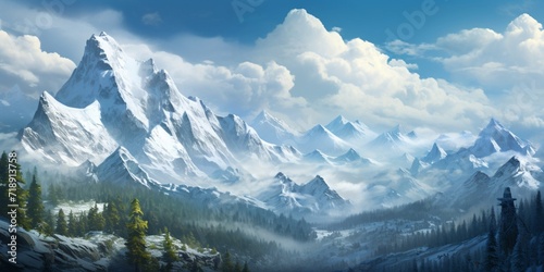 A panoramic view of a snowy alpine landscape  with towering peaks and pine trees covered in a fresh layer of snow.