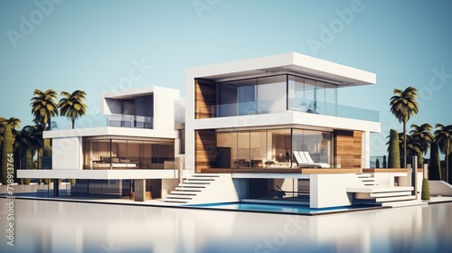 3D rendering of a modern house with a swimming pool at sunset.