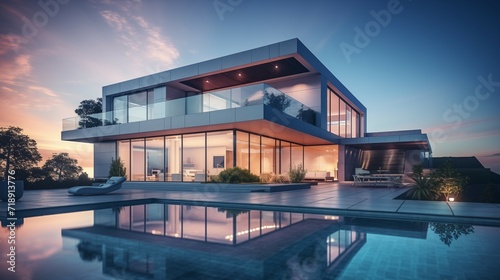 3D rendering of a modern house with a swimming pool at sunset. © PhornpimonNutiprapun