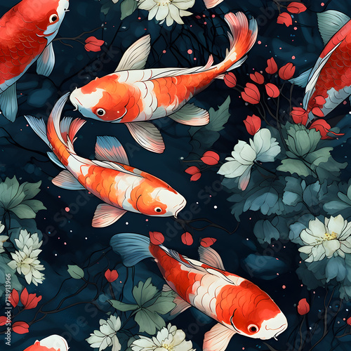 Koi fish in water seamless pattern design, Watercolor illustration