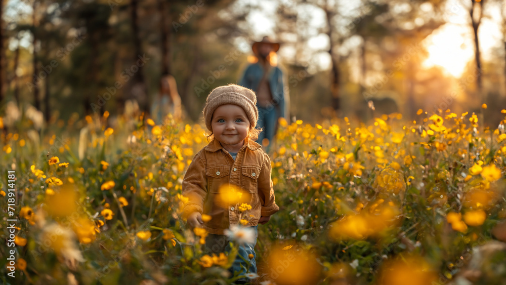 Süßes Kind auf der Wiese mit Gänzeblümchen und Abendrot