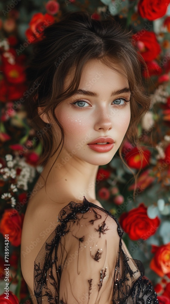 Portrait of a beautiful young woman with red flowers in her hair. Generative Ai. Portrait of a beautiful young woman with red flowers in her hair. Generative Ai.