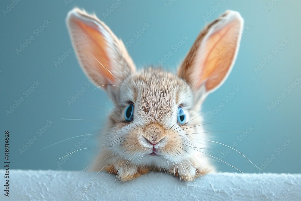 Fototapeta premium Rabbit Ears, Blue Eyes, and a White Background: A Cute and Creative Image for Adobe Stock Generative AI