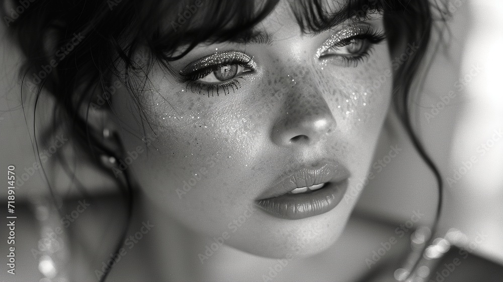 Closeup portrait of beautiful young woman with glitter makeup. Black and white. Generative Ai.