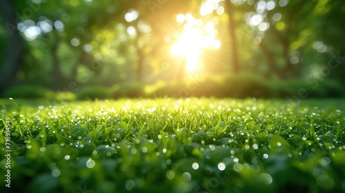 Green grass with sunlight and bokeh background, soft focus. Generative Ai.  photo