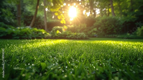 Green grass with sunlight and bokeh background, soft focus. Generative Ai. 