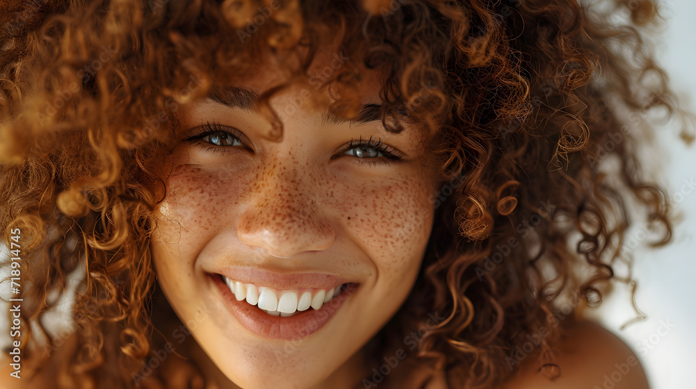 Closeup portrait of Beautiful smiling happy woman with curly hair on white background Closeup portrait of Beautiful smiling happy woman with curly hair on white background