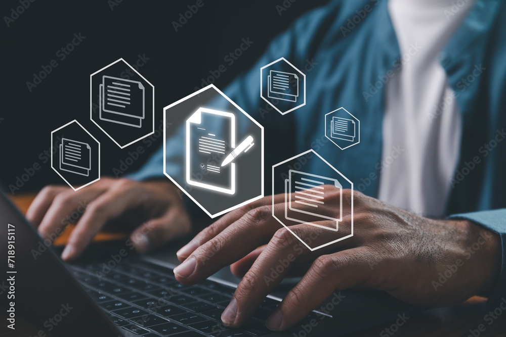 Document Management System concept. Online document file data software for efficient archiving. Enterprise content management, Digital asset management, Document imaging, Workflow, Records management.