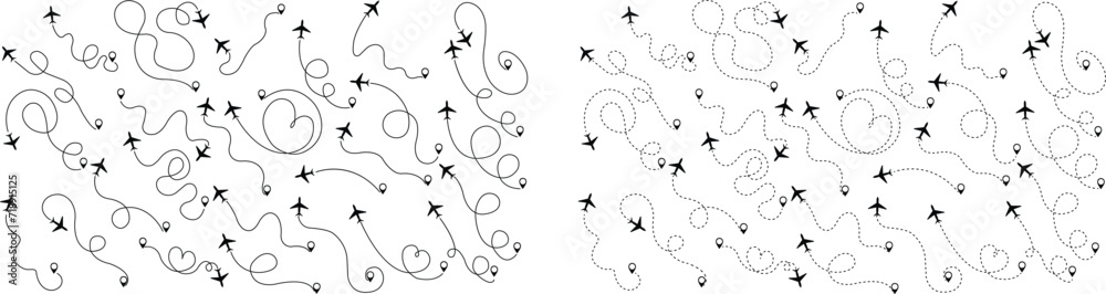 Travel concept from start point and dotted line tracing icon set. Airplane or aeroplane routes path. Aircraft tracking plane path, travel, map pins, location pins. Black vector zigzag road collection.