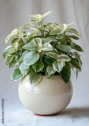 Centered on a white background, a 'Dudleya brittonii', its powdery white leaves creating a striking contrast with the glossy white of its spherical pot photo