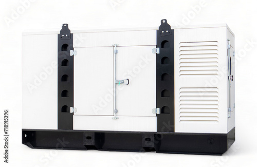 Mobile and standby industrial white auxiliary diesel generator for emergency power supply isolated on a white background. Generator backup power. For emergency use of electricity.